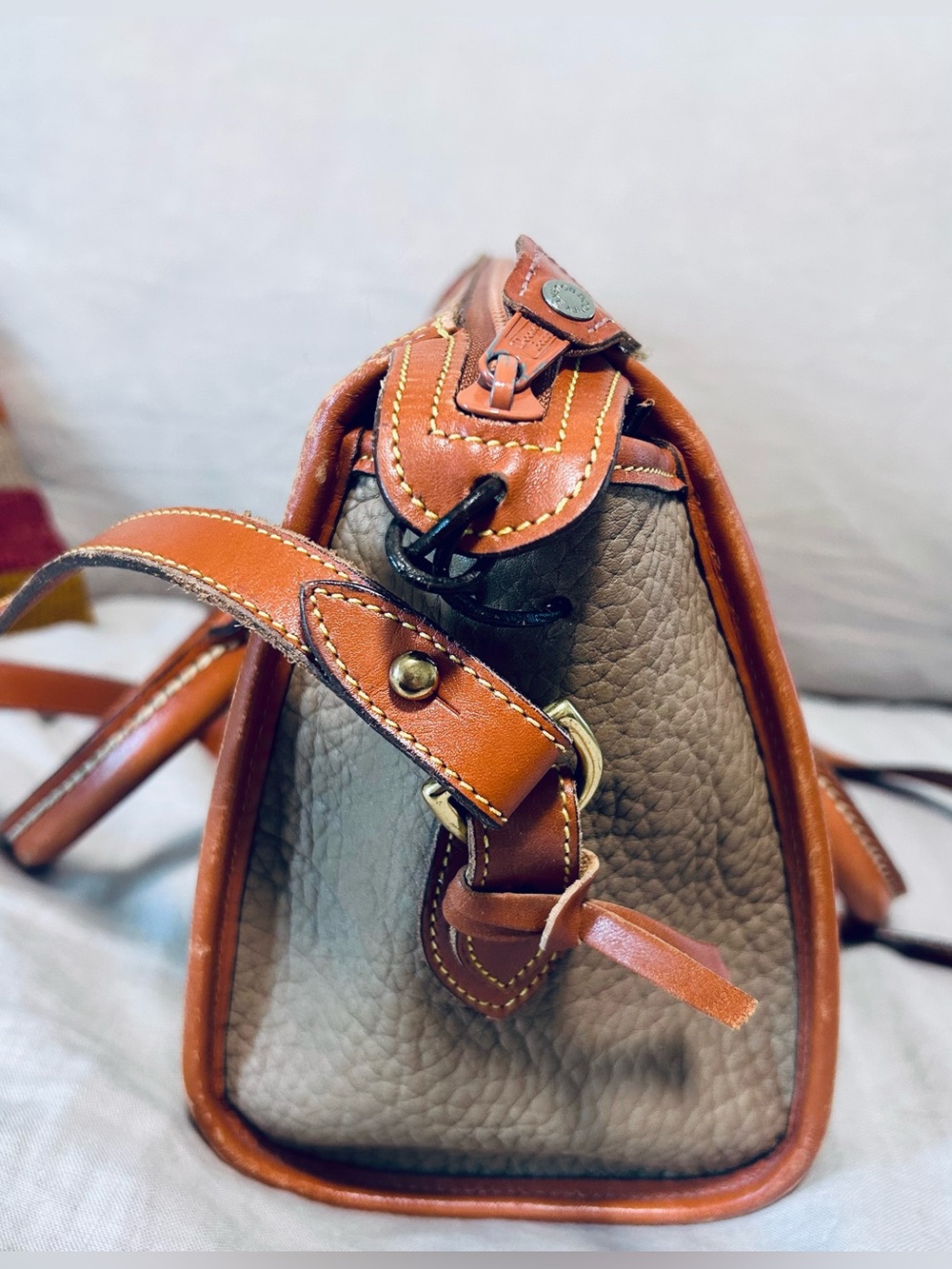 Vintage 90s Dooney & Bourke Pebbled Leather Satchel in Grey and Tan - Picture 3 of 7